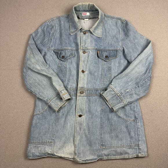 Vintage 70s Levi’s Split Tail Denim Chore Jacket Men’s XL Blue Orange Tab - Picture 1 of 10